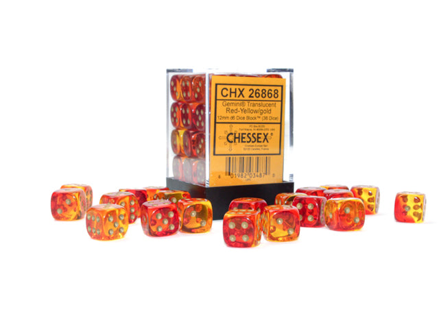 Chessex - 12mm d6 Dice Block (36 dados) - Gemini Translucent Red-Yellow/gold