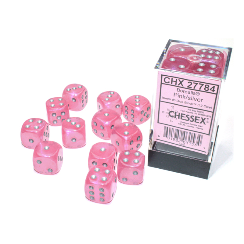 Chessex - 16mm d6 Dice Block (12 dados) - Borealis Pink/silver