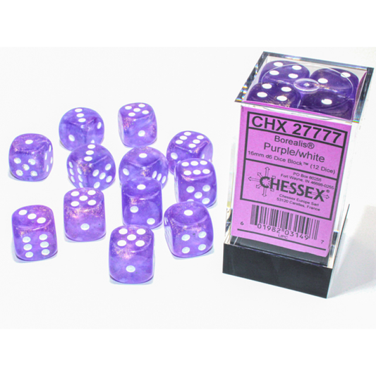 Chessex - 16mm d6 Dice Block (12 dados) - Borealis Purple/white