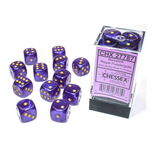 Chessex - 16mm d6 Dice Block (12 dados) - Borealis Royal Purple/gold