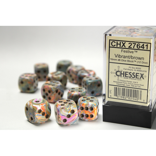 Chessex - 16mm d6 Dice Block (12 dados) - Festive Vibrant/brown