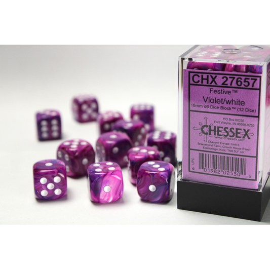 Chessex - 16mm d6 Dice Block (12 dados) - Festive Violet/white