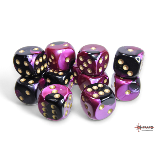 Chessex - 16mm d6 Dice Block (12 dados) - Gemini Black-Purple/gold