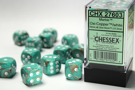 Chessex - 16mm d6 Dice Block (12 dados) - Marble Oxi-Copper/white