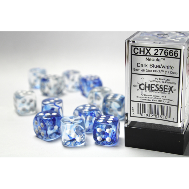 Chessex - 16mm d6 Dice Block (12 dados) - Nebula Dark Blue/white
