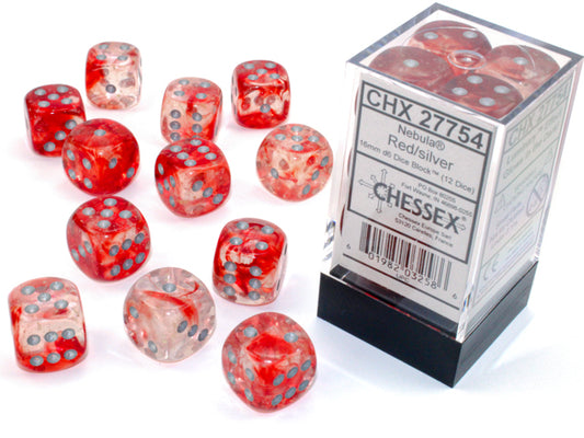 Chessex - 16mm d6 Dice Block (12 dados) - Nebula Red/silver