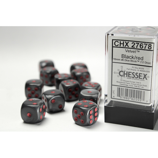 Chessex - 16mm d6 Dice Block (12 dados) - Velvet Black/red