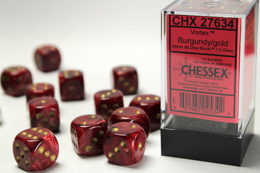 Chessex - 16mm d6 Dice Block (12 dados) -  Vortex Burgundy/gold
