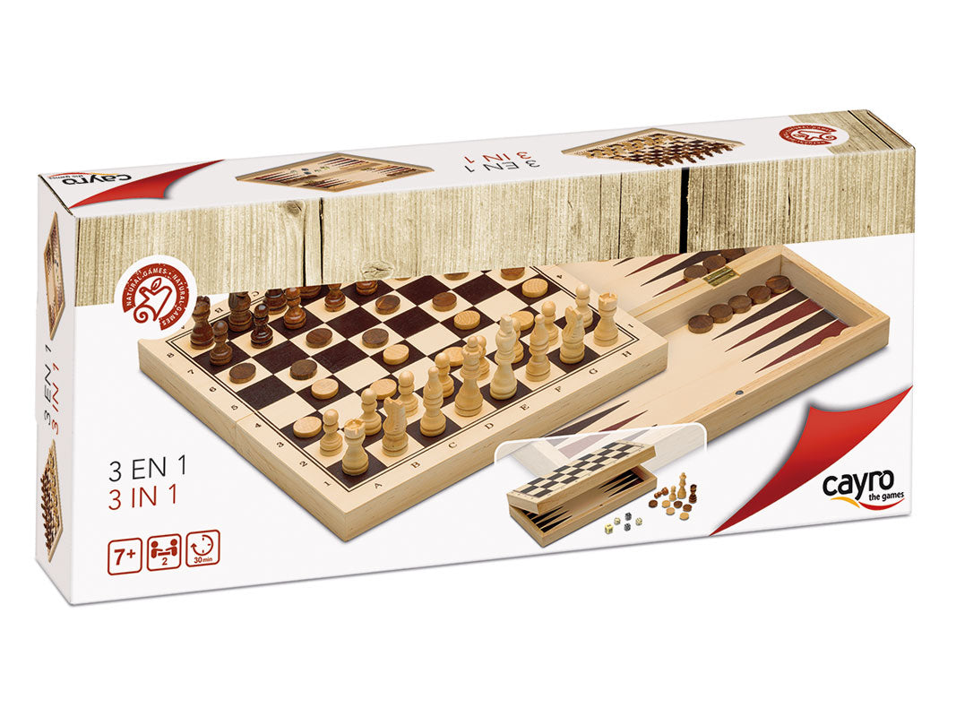 Ajedrez, Damas y Backgammon 3 en 1 en madera