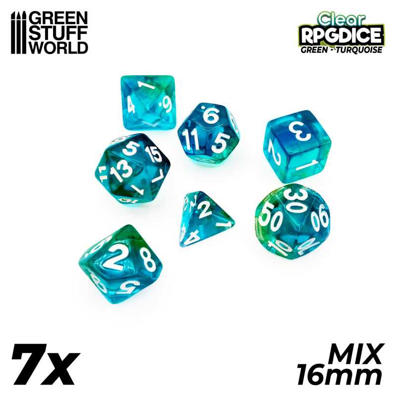 7x Dados Mix 16mm - Verde - Turquesa