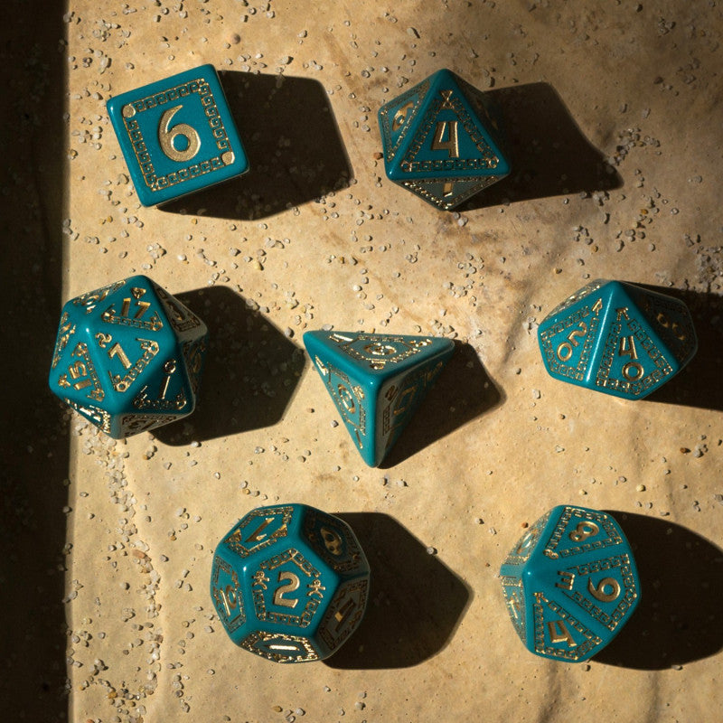 RuneQuest Turquoise & gold Dice Set
