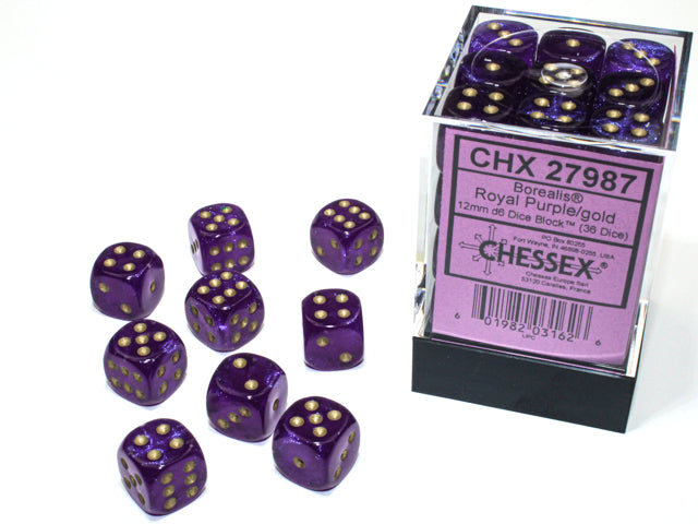 Chessex - 12mm d6 Dice Block (36 dados) - Borealis Royal Purple/gold