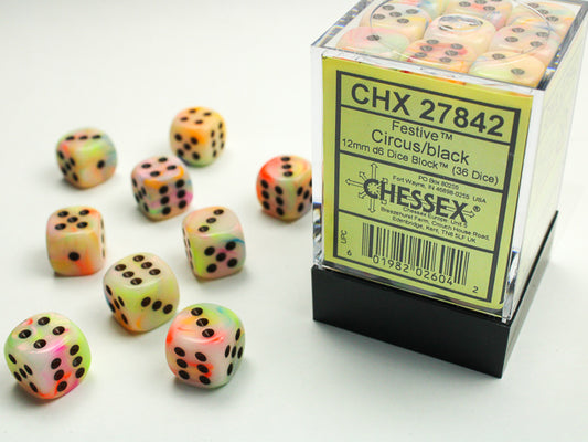 Chessex - 12mm d6 Dice Block (36 dados) - Festive Circus/black