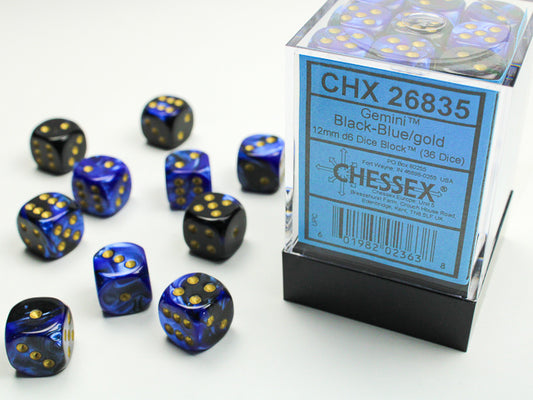 Chessex - 12mm d6 Dice Block (36 dados) - Gemini Black-Blue/gold