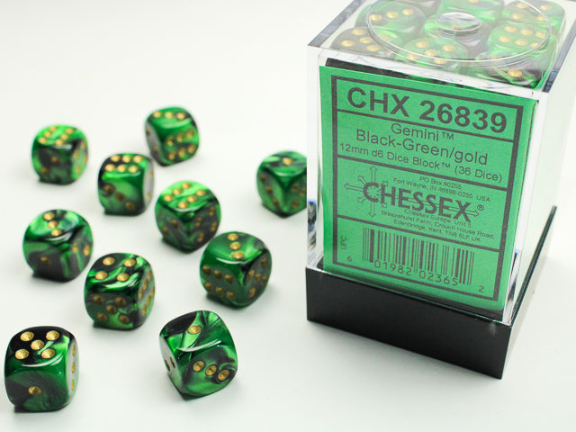 Chessex - 12mm d6 Dice Block (36 dados) - Gemini Black-Green/gold