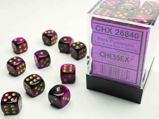 Chessex - 12mm d6 Dice Block (36 dados) - Gemini Black-Purple/gold