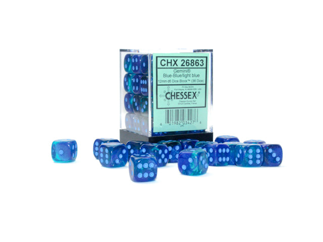 Chessex - 12mm d6 Dice Block (36 dados) - Gemini Blue-Blue/light blue Luminary