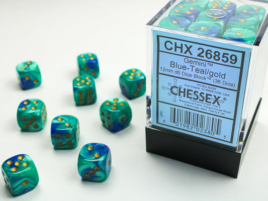 Chessex - 12mm d6 Dice Block (36 dados) - Gemini Blue-Teal/gold