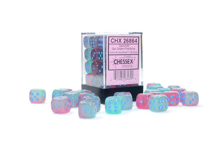 Chessex - 12mm d6 Dice Block (36 dados) - Gemini Gel Green-Pink/blue Luminary