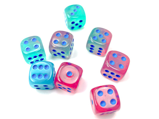 Chessex - 12mm d6 Dice Block (36 dados) - Gemini Gel Green-Pink/blue Luminary