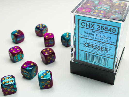 Chessex - 12mm d6 Dice Block (36 dados) - Gemini Purple-Teal/gold