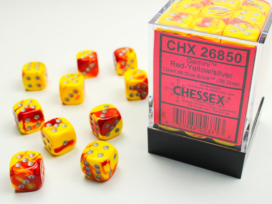 Chessex - 12mm d6 Dice Block (36 dados) - Gemini Red-Yellow/silver