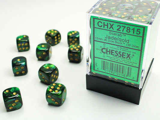 Chessex - 12mm d6 Dice Block (36 dados) - Scarab Jade/gold