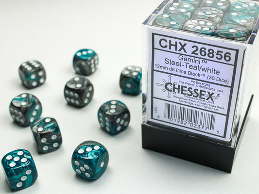 Chessex - 12mm d6 Dice Block (36 dados) - Gemini Steel-Teal/white