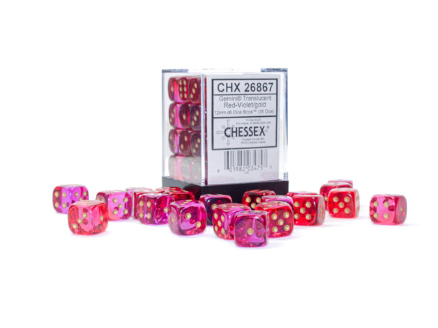 Chessex - 12mm d6 Dice Block (36 dados) - Gemini Translucent Red-Violet/gold