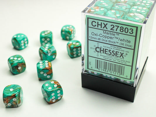 Chessex - 12mm d6 Dice Block (36 dados) - Marble Oxi-Copper/white