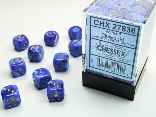 Chessex - 12mm d6 Dice Block (36 dados) - Vortex Blue/gold