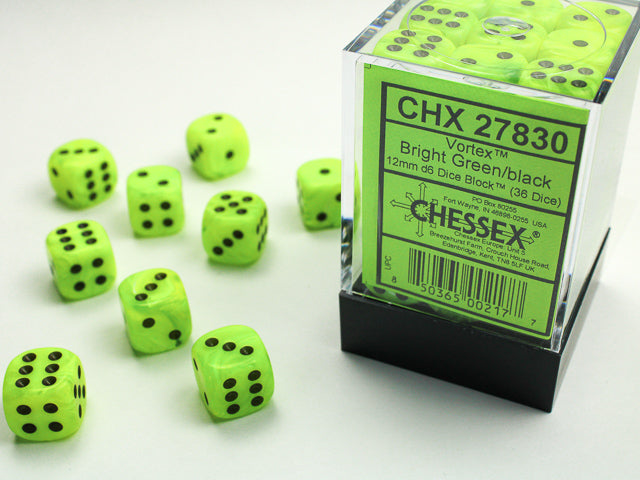 Chessex - 12mm d6 Dice Block (36 dados) - Vortex Bright Green/black