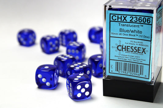 Chessex - 16mm d6 Dice Block (12 dados) - Translucent Blue/white