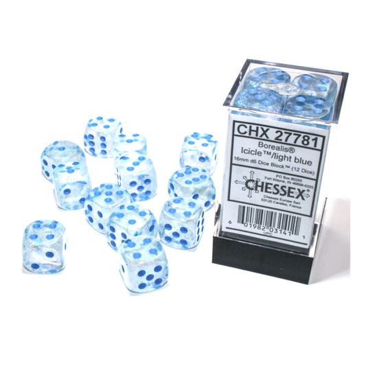 Chessex - 16mm d6 Dice Block (12 dados) - Borealis Icicle/light blue