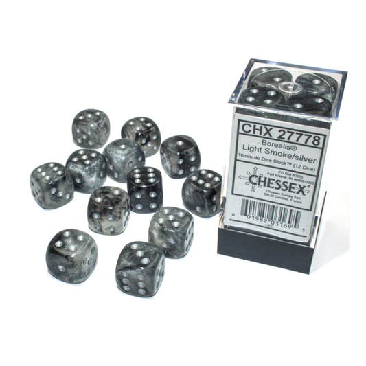 Chessex - 16mm d6 Dice Block (12 dados) - Borealis Light Smoke/silver