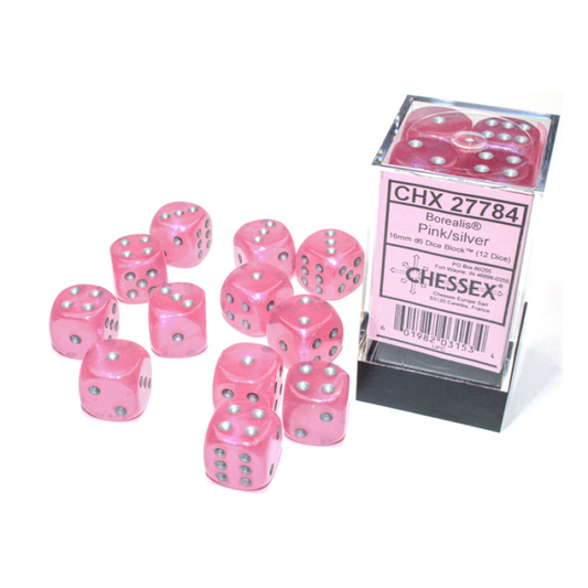 Chessex - 16mm d6 Dice Block (12 dados) - Borealis Pink/silver