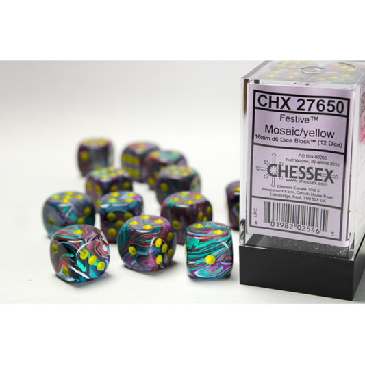 Chessex - 16mm d6 Dice Block (12 dados) - Festive Mosaic/yellow