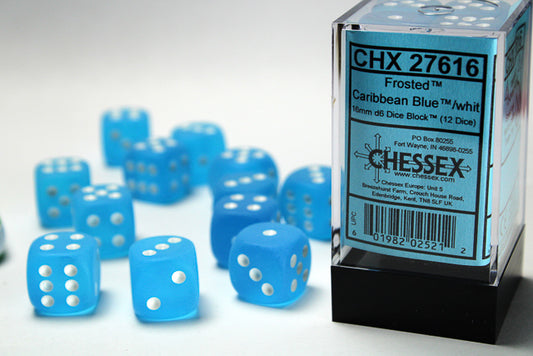 Chessex - 16mm d6 Dice Block (12 dados) - Frosted Caribbean Blue/white
