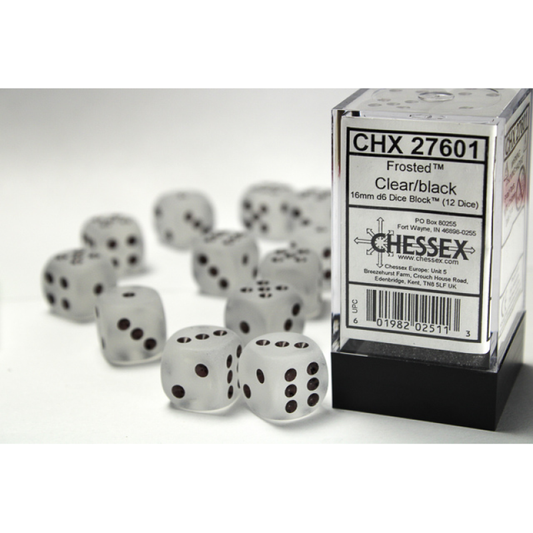 Chessex - 16mm d6 Dice Block (12 dados) - Frosted Clear/black