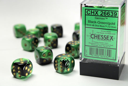 Chessex - 16mm d6 Dice Block (12 dados) - Gemini Black-Green/gold