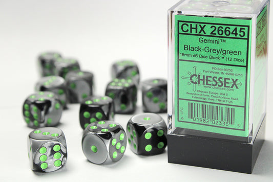 Chessex - 16mm d6 Dice Block (12 dados) - Gemini Black-Grey/green