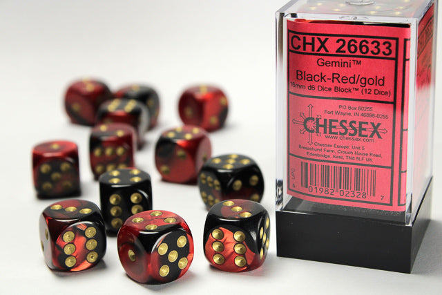 Chessex - 16mm d6 Dice Block (12 dados) - Gemini Black-Red/gold