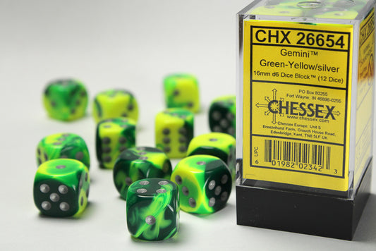 Chessex - 16mm d6 Dice Block (12 dados) - Gemini Green-Yellow/silver