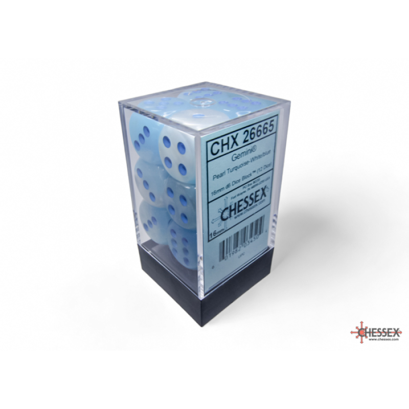 Chessex - 16mm d6 Dice Block (12 dados) - Gemini Pearl Turquoise-White/blue