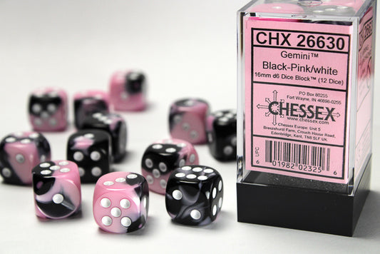 Chessex - 16mm d6 Dice Block (12 dados) - Gemini Black-Pink/white