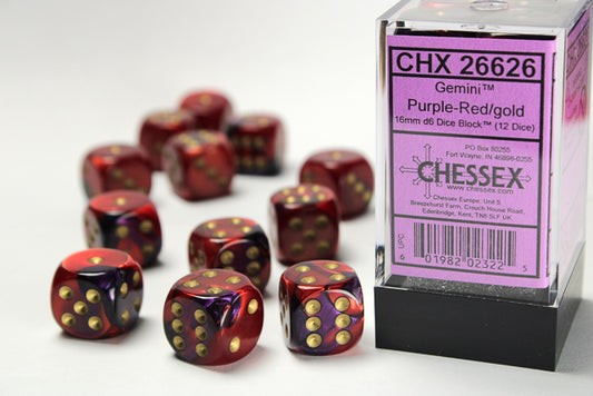 Chessex - 16mm d6 Dice Block (12 dados) - Gemini Purple-Red/gold