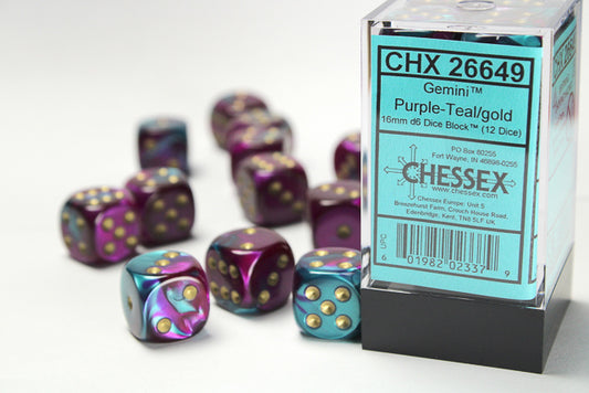 Chessex - 16mm d6 Dice Block (12 dados) - Gemini Purple-Teal/gold