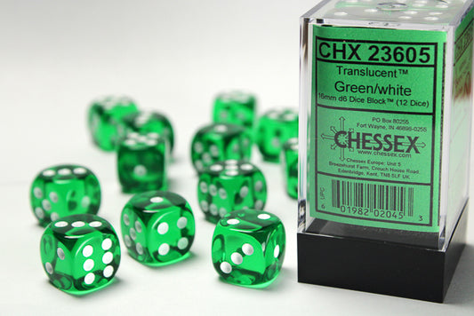 Chessex - 16mm d6 Dice Block (12 dados) - Translucent Green/white