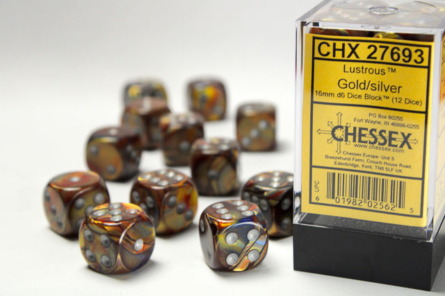 Chessex - 16mm d6 Dice Block (12 dados) - Lustrous Gold/silver