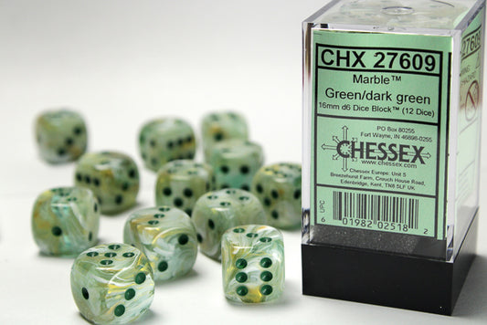 Chessex - 16mm d6 Dice Block (12 dados) - Marble Green/dark green
